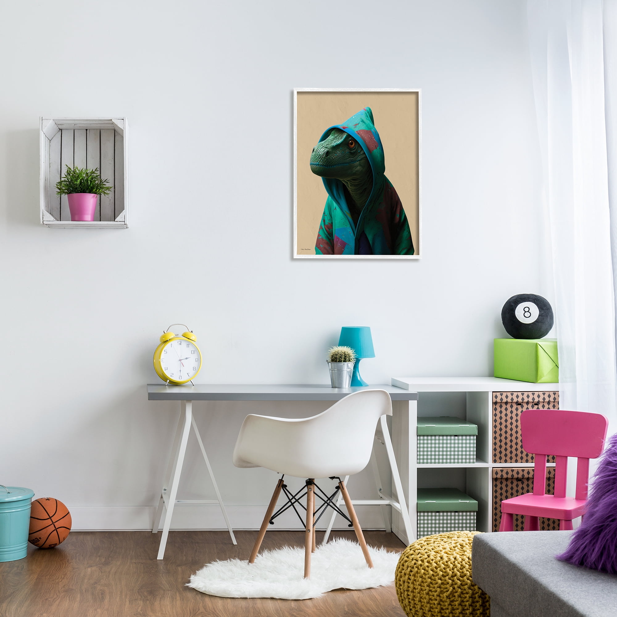 Stupell Industries Dinosaur in Stylish Hoodie Animals & Insects Painting White Framed Art Print Wall Art, 24 x 30