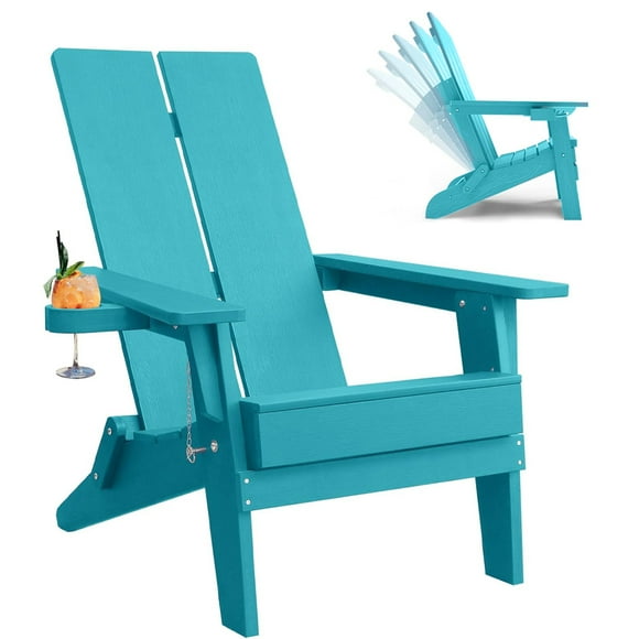 Folding Adirondack Chair Modern Outdoor HIPS Plastic with Cupholder All-Weather UV-Protected