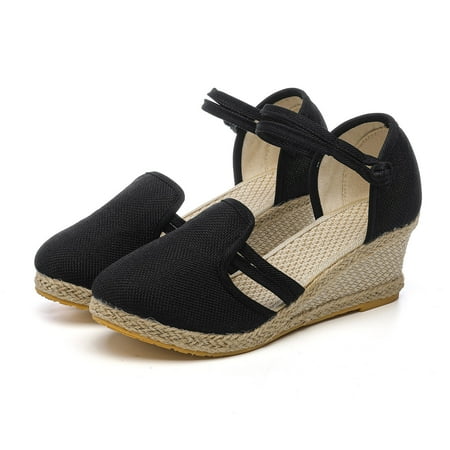 

Cathalem Women Sandals Platform Wedge Linen Sandals Fashion Versatile Braided Buckle Breathable Wedge Sandals Beach Sandals Women Black 10