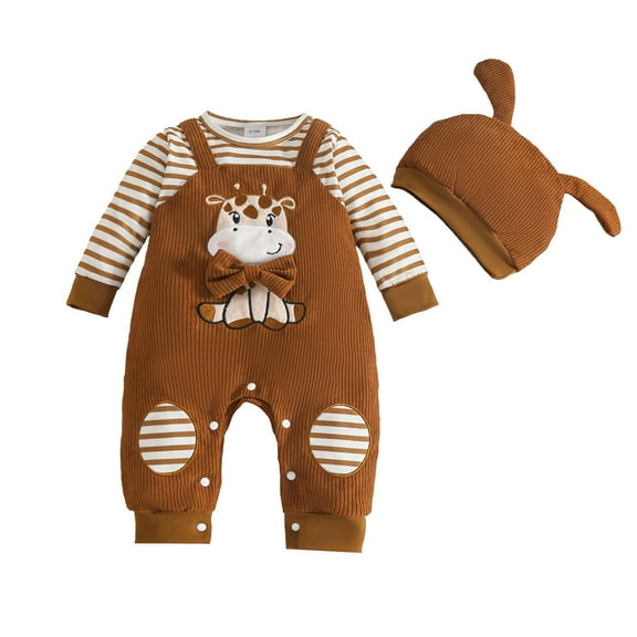 FYDUU Baby Boy Clothes Newbor Romper Fall Winter One-Piece Outfit Boys Girls Long Sleeve Cute Cartoon Striped Jumpsuit Hat Fall Winter Clothing Set 9-12 Months