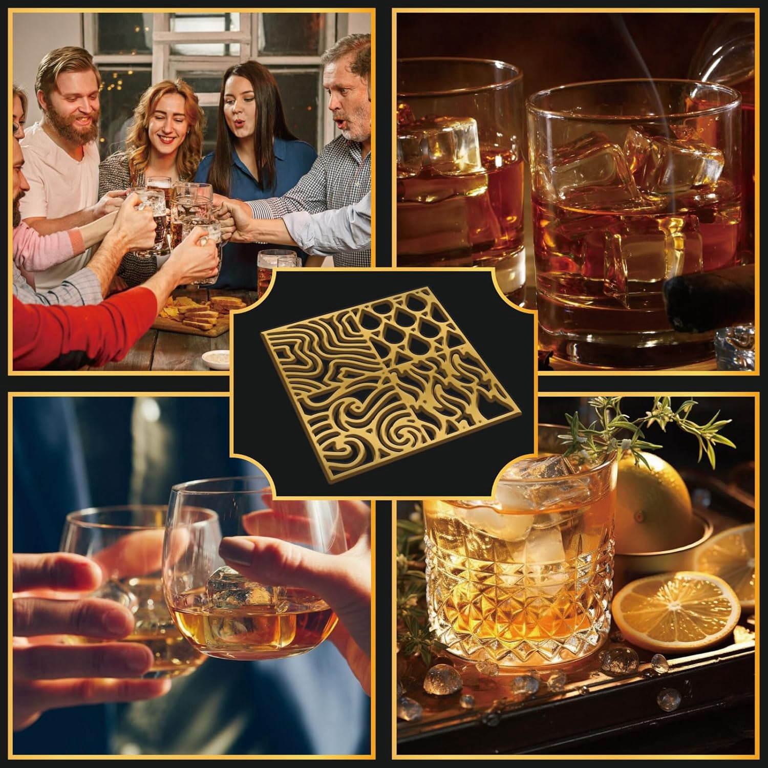 4 Style Pattern Ice Cubes Stamp Tray Craft No Base Ice Molding for Bourbon Cocktails in 5 Second Whiskey Molding Clear Ice Block Stamp Cocktail Bartender Accessories Fire Curve Texture