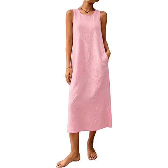 Kukoosong Women's Sleeveless Round Neck Tank Maxi Dress, Solid Color Back Pleated Cotton Linen Long Dress, Loose Fit Casual Long Shift Dress with Side Pockets