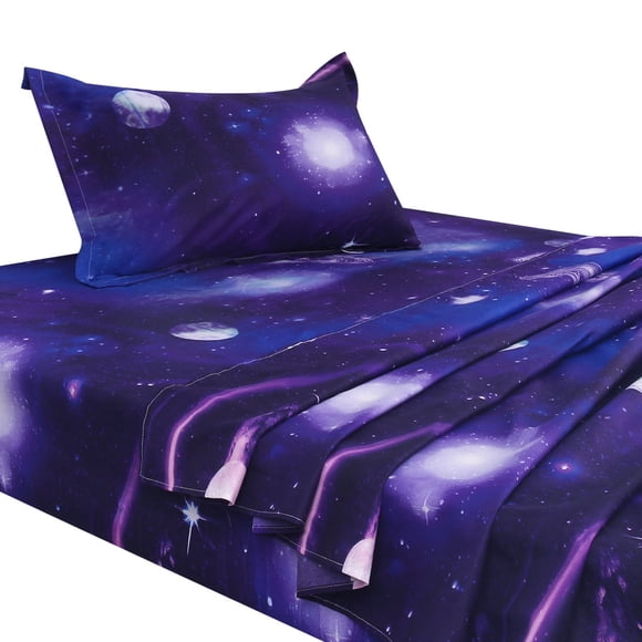 Unique Bargains Bed Sheet Set 3pcs Galaxy Stars Themed Bedding Set with Pillow Case Purple Twin