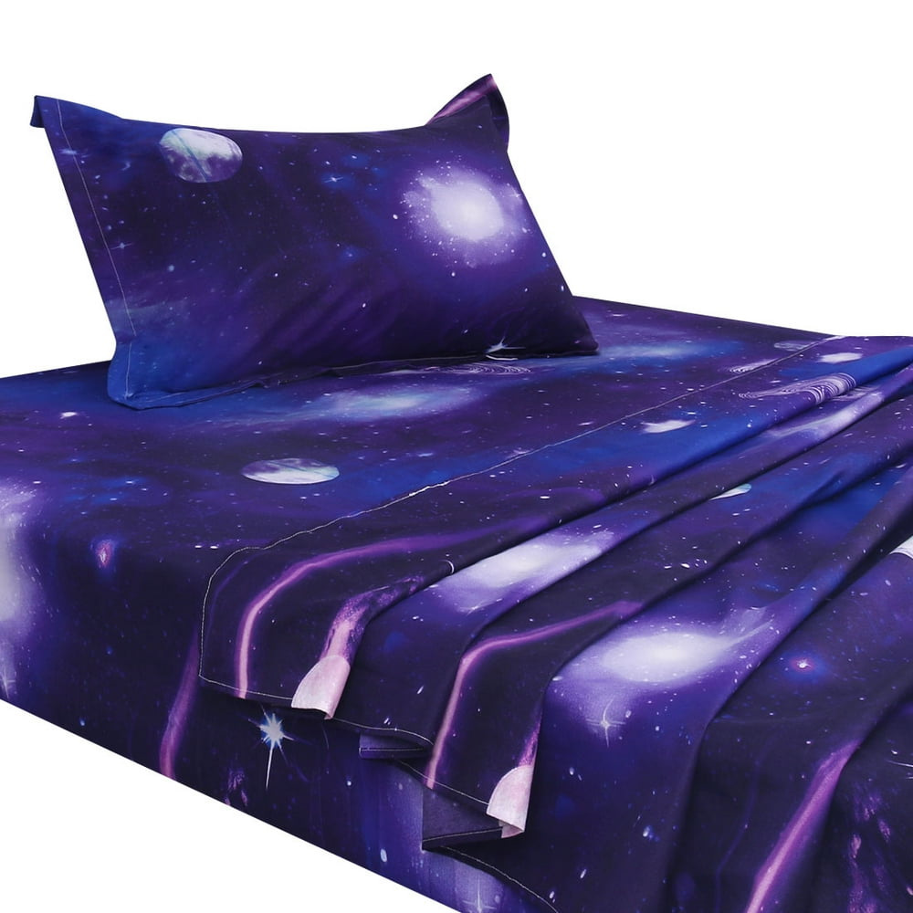 Unique Bargains Galaxy Print Bed Sheets Pillow Cases Bedding Set Purple