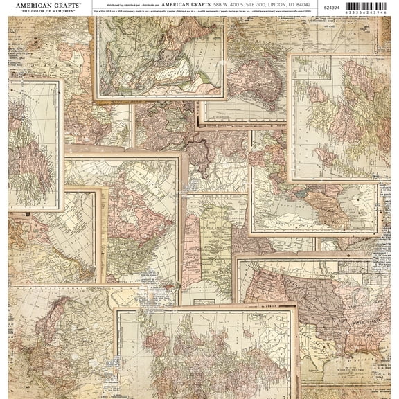 American Crafts Patterned Single-Sided Cardstock 12"X12"-Vintage Maps