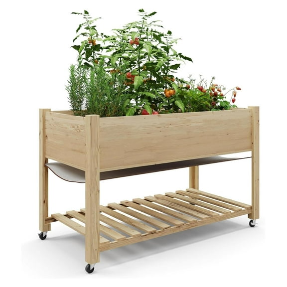 48x24x32 Inch Tall Wooden Raised Garden Bed, Planter Box with Locking Wheels & Bottom Storage Shelf, Waterproof Liner Included for Outdoor/Indoor Use, Grow Herbs, Veggies, Flowers, Easy Assembly