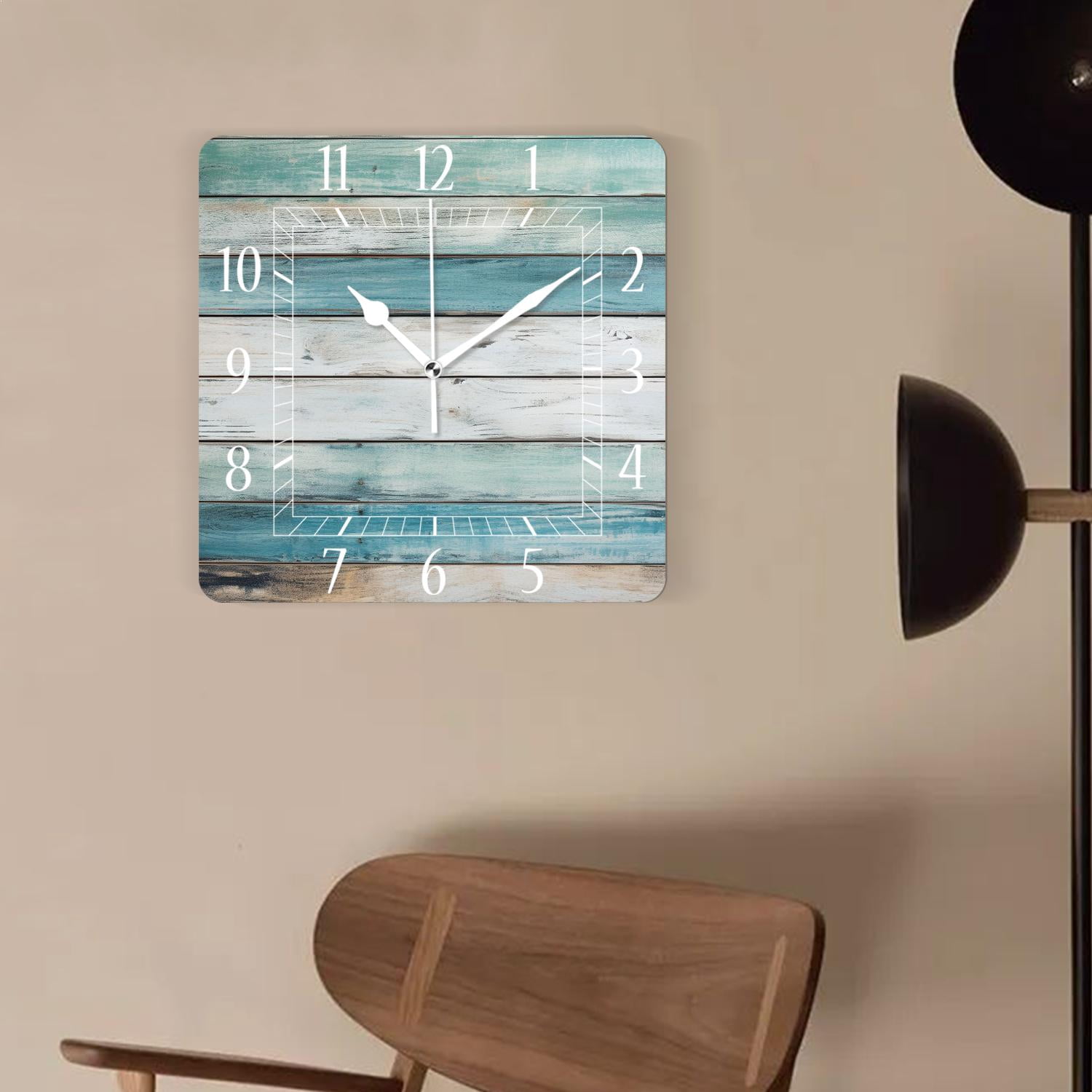 14 Inch Wall Clock Battery Operated Square Clock Decorative for Office, Kitchen, Outdoor, Living Room，Turquoise Wooden Print