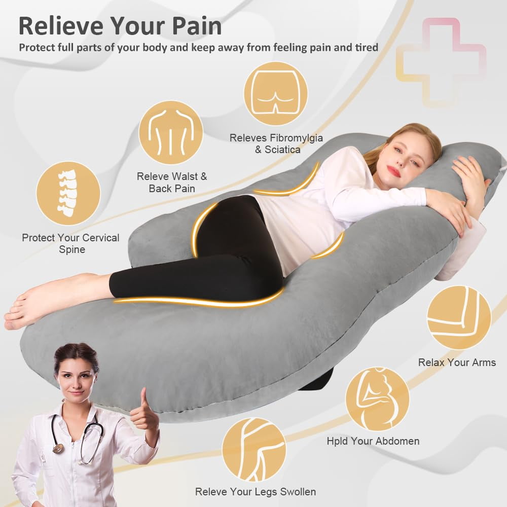 Memory Foam Pillow  J Shape Pillows For Sleeping Body Adults Maternity Women With Removable Cover Light Grey