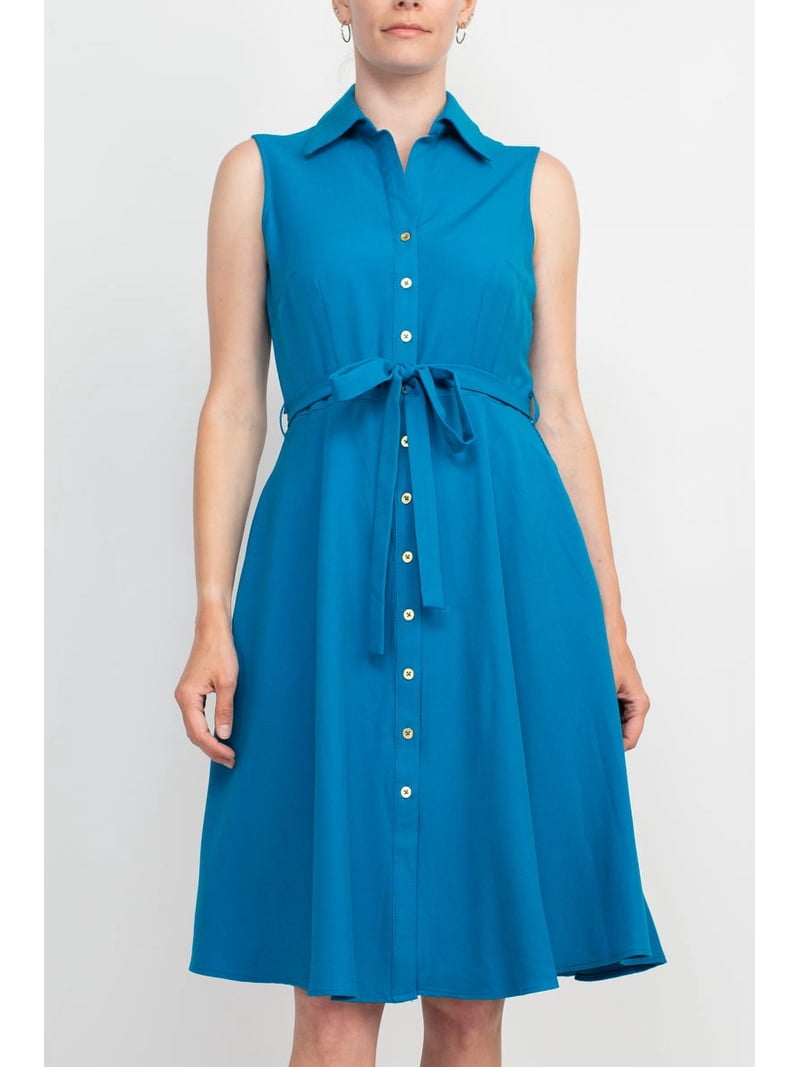 Sharagano Collared Sleeveless Tie Waist Solid A-Line Rayon Dress-ISLA ROSE  / 12 - Walmart.com