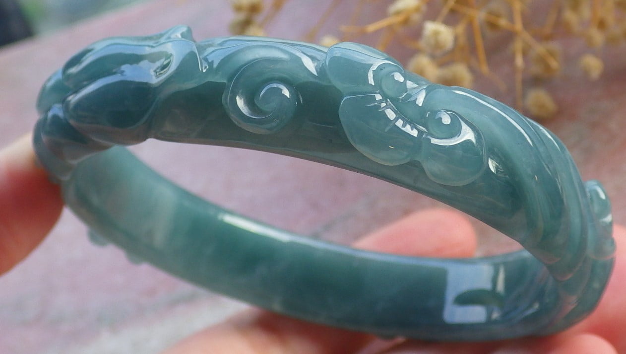 Icy Green Natural A JADE Jadeite Crab Coin Lotus Leaf Bangle Bracelet 62 mm 680598 TN