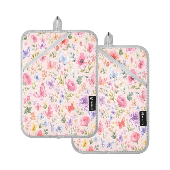 Two Pieces Of Square Heat Insulation Pad Oven Mitts Watercolor Flowers Butterflies 7x9.8 Inch Oven Microwave Kitchen Cooking Baking