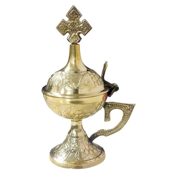 diollo Incense Burner Brass Censer Christian Orthodox Home Church Cross Greek Byzantine Gold Thurible Height 5.5 Inch