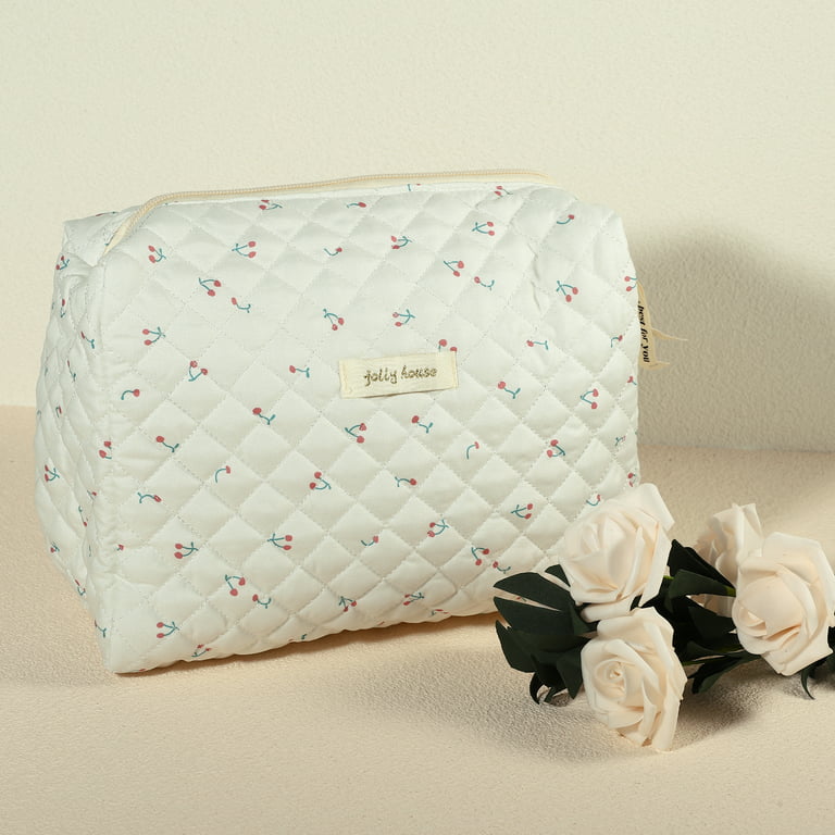 Unique Bargains Women's Large Travel Cute Cherry Pattern Cotton Makeup Bags  and Organizers White