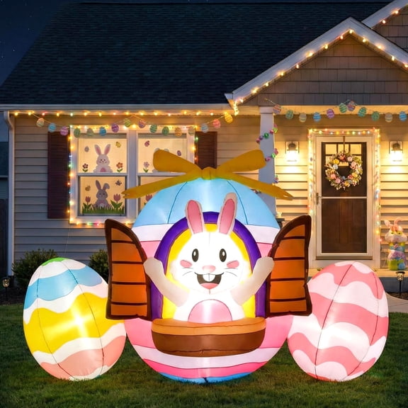 6 FT Long Easter Inflatable Blow Up Easter Bunny Yard Decorations with Build-in LEDs Lighted Decor for Holiday Party Outdoor Indoor Lawn Garden