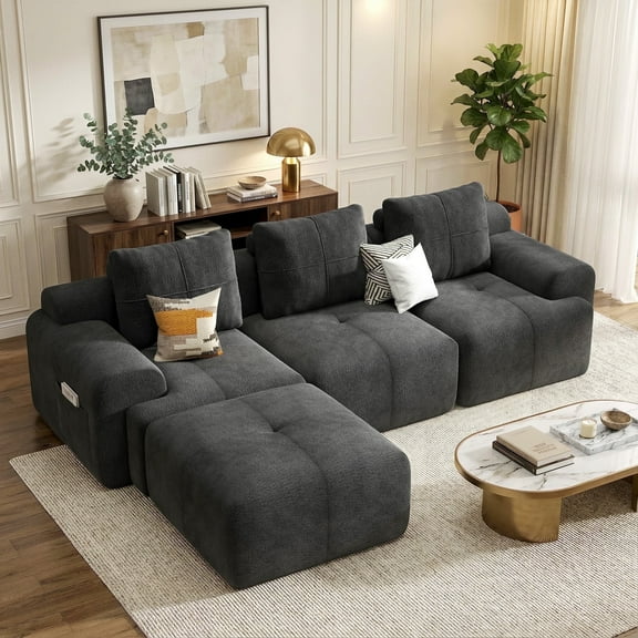 Aylenic Modular Sectional Sofa Boneless Couches for Living Room, 112" Modern L Shaped Foam Sofa with Ottoman, Pet Friendly Grey Comfy 3 Seater Chenille Couch in a Box for Apartment, Office, Bedroom