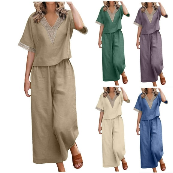 BiZtdJrK Womens Plus Size Loose Cotton Linen Set Mesh V Neck Short Sleeve Tops and Pants Lounge Sets Sexy Pajama 2 Piece Outfits