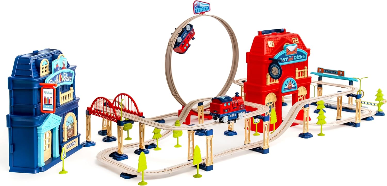 𝐏𝐑𝐄𝐌𝐈𝐔𝐌 Train Track Set for Toddlers & Kids – 142 PCS Train Tracks w/Reversible Curves, Bridges, Ramps – STEM Learning Toy for 3-7 Year Old Boys & Girls – Great Birthday Idea