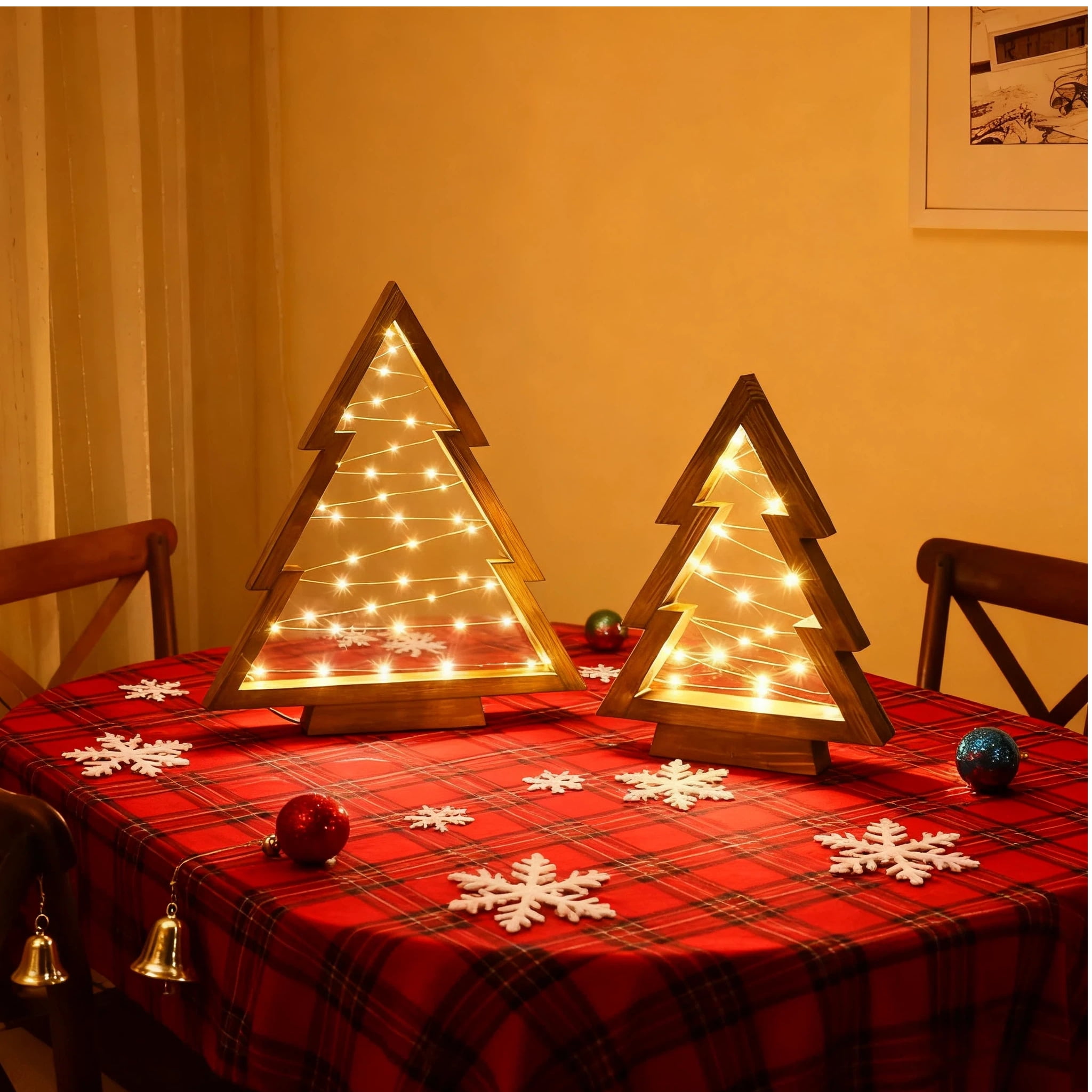 Under 50 Dollars! 2Pcs Christmas Tree Gold LED Wooden Light, Modern Farmhouse Tabletop Christmas Decor, Table Fireplace Mantle Shelf Decorations, Gifts for Women Men Friends(14.3" and 10.7" Tall)