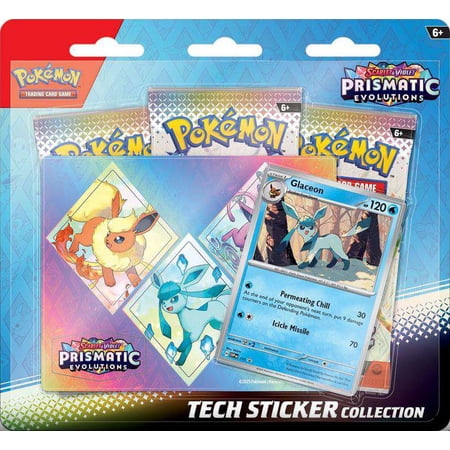 Pokemon Scarlet & Violet Prismatic Evolutions Glaceon Tech Sticker Collection (3 Booster Packs, Shiny Promo Card & Sticker)