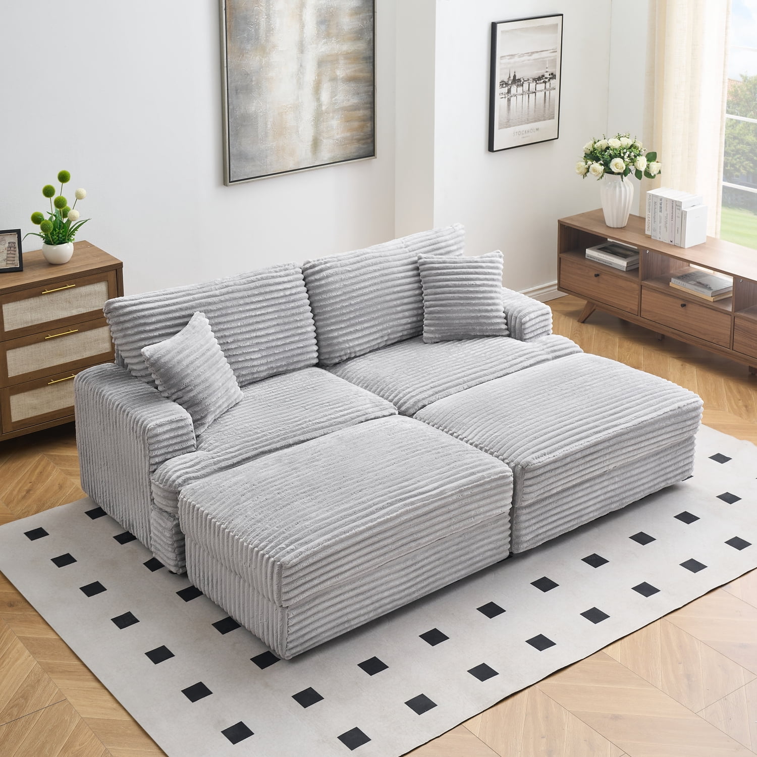 88.58" Corduroy Sofa,Extra Deep Seat Couch with Double Storage & Pillows,Comfy Upholstered Oversized Loveseat Sofa Couch for Living Room,Office,Gray