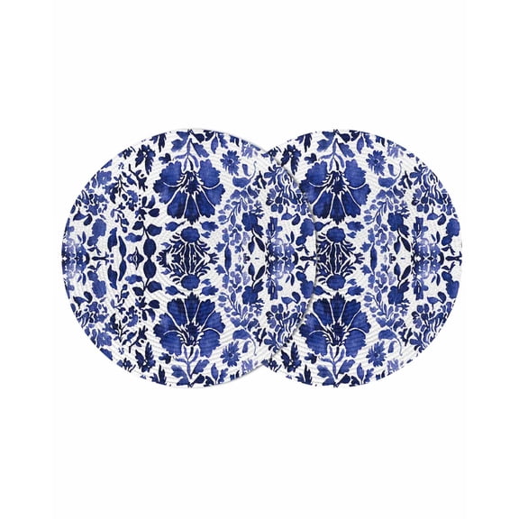 Blue Spring Floral Round Placemats Set of 2 for Dinning Tables,Heat-proof Braided Table Mats 15 Inch,Summer Botanical Flowers Farmhouse Washable Place Mat for Kitchen Restaurant Party Table Decor