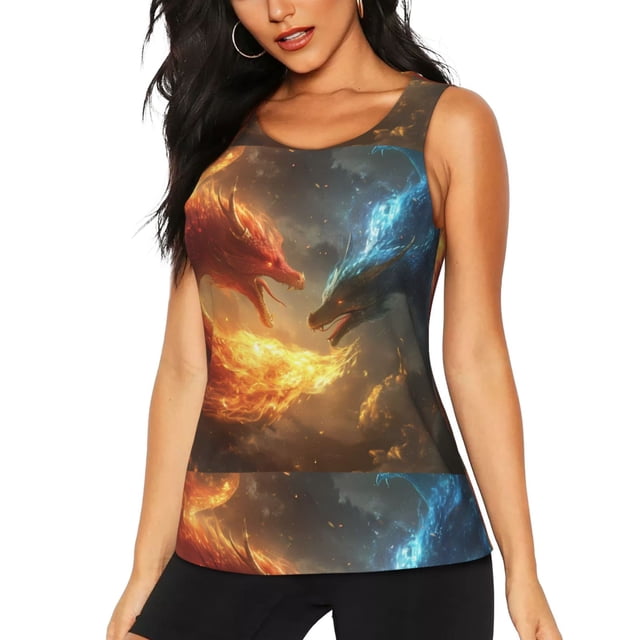 Balery Red And Blue Fire Dragon B Camiseta sin mangas estampada ligera para mujer, tops de entrenamiento sin mangas, camisetas de yoga transpirables de secado rápido.-Medium
