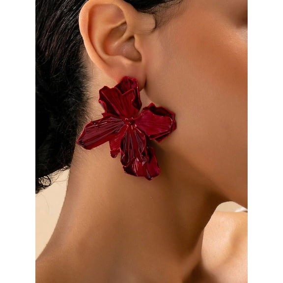 Burgundy Glossy Floral Statement Earrings For Women