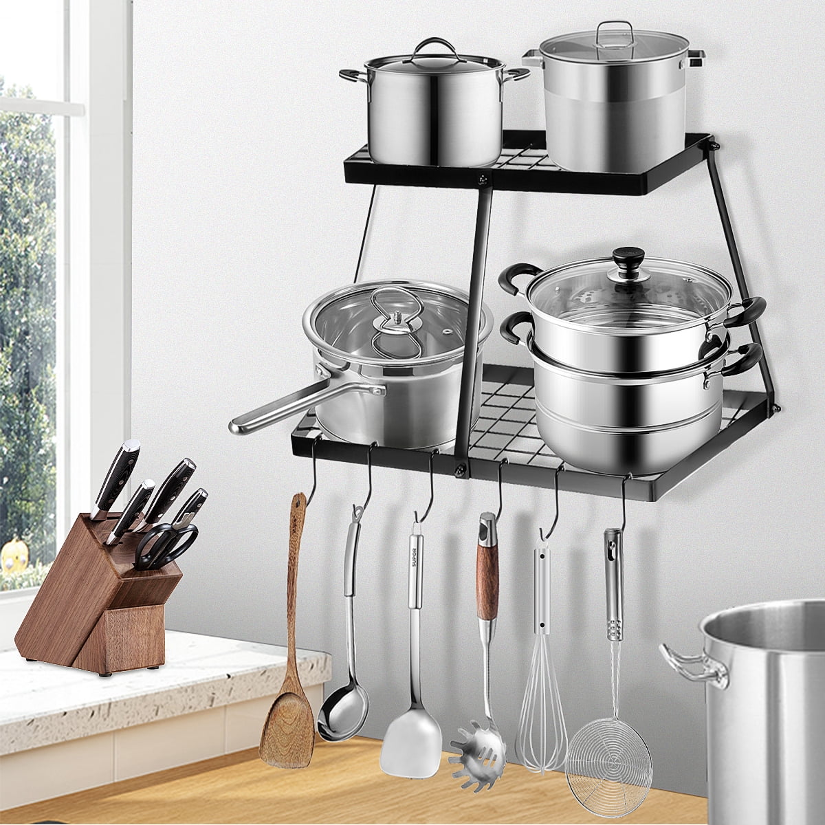 Wall Mount Pot Pan Rack, Kitchen Cookware Storage Organizer with Hooks