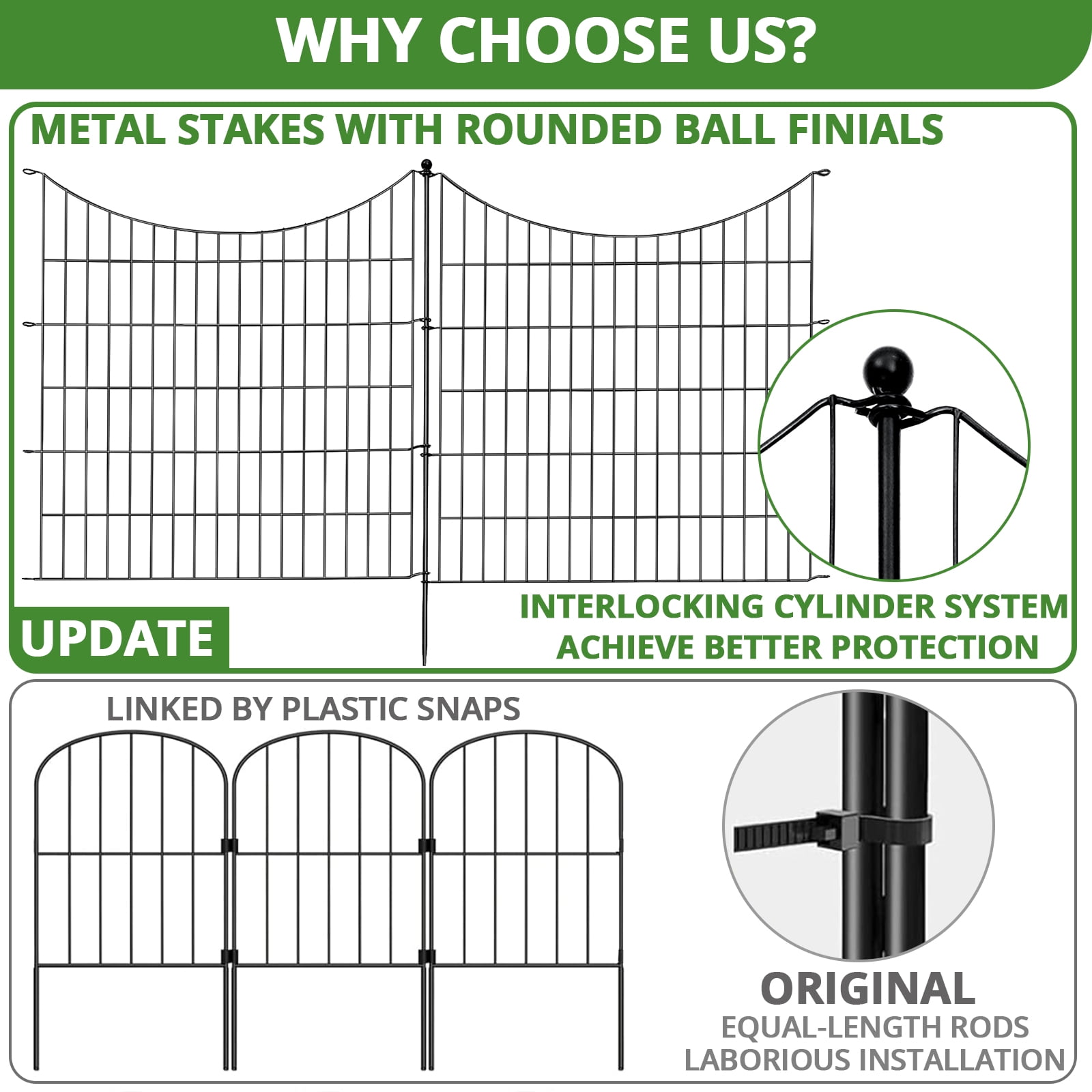 BSHAPPLUS® Garden Fence 10 Pack ,33in (H) x 24ft (L) Metal Fence,Rustproof Decorative Fence,Animal Wire Fence,Wrought Iron Fence, Outdoor Picket Fencing No-Dig for Yard, Lawn and Patio Borders