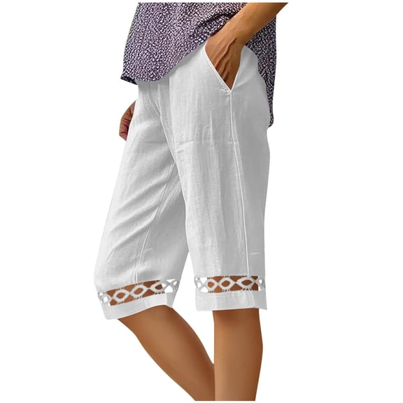 Stamzod Womens Capris 2026 Summer Cotton And Linen Vacation Beach Cropped Pants with Pocket Hollow Out Casual Capris Pants for Women White XXL