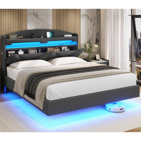 Afuhokles Floating Bed Frame Queen Size with Charging Station, Storage Headboard, LED Upholstered Platform Bed, Dark Gray