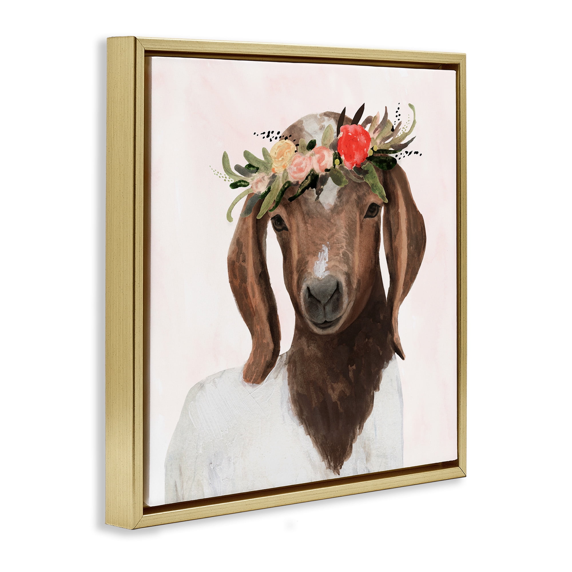 Stupell Industries Springtime Flower Crown Long Ear Goat Animals & Insects Painting Gold Floater Framed Canvas Art Print Wall Art, 25 x 25