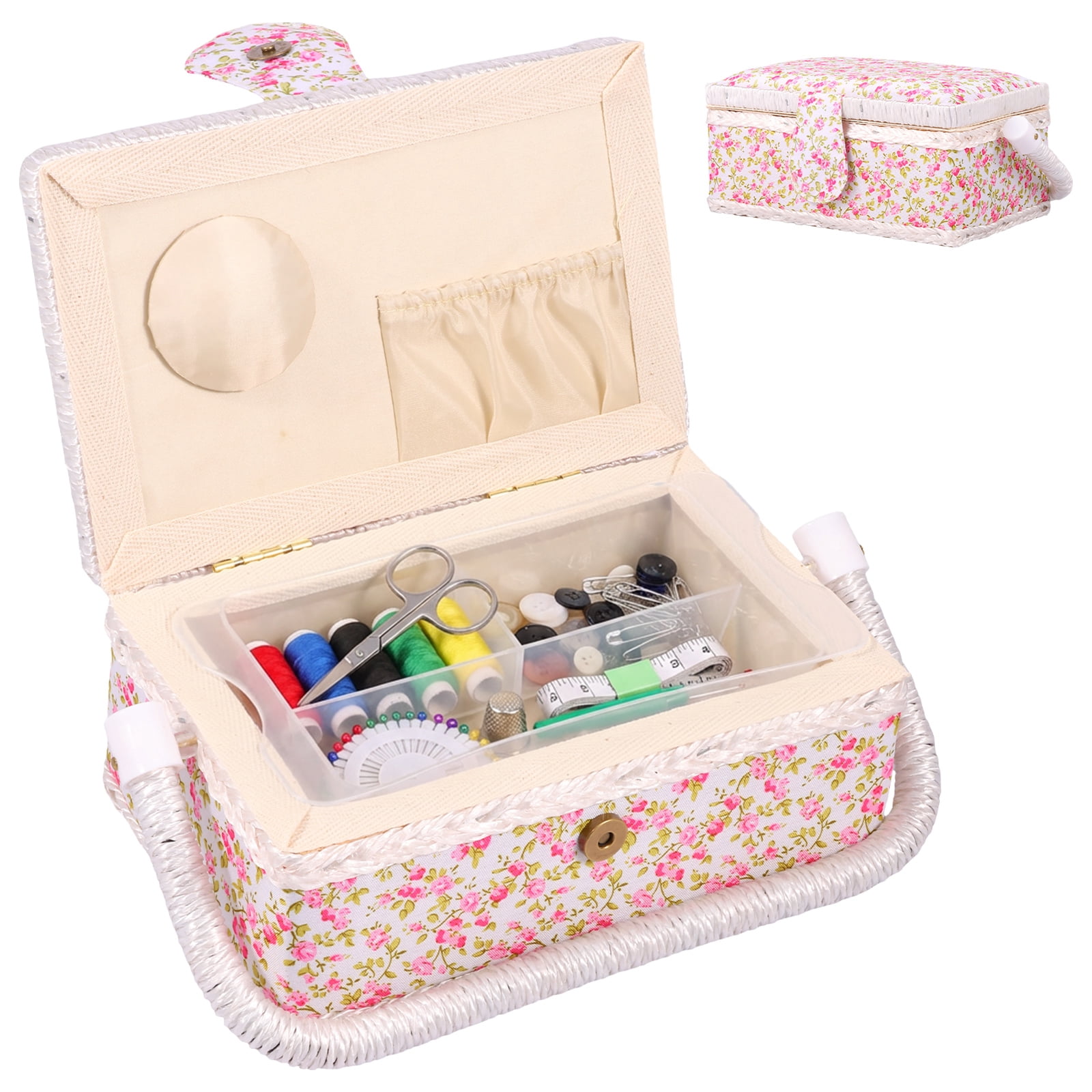 Atopoler Floral Sewing Basket,Vintage Wood Sewing Box with Tray and Handle for Traveling Beginner Professional,No Accessories,Pink Color