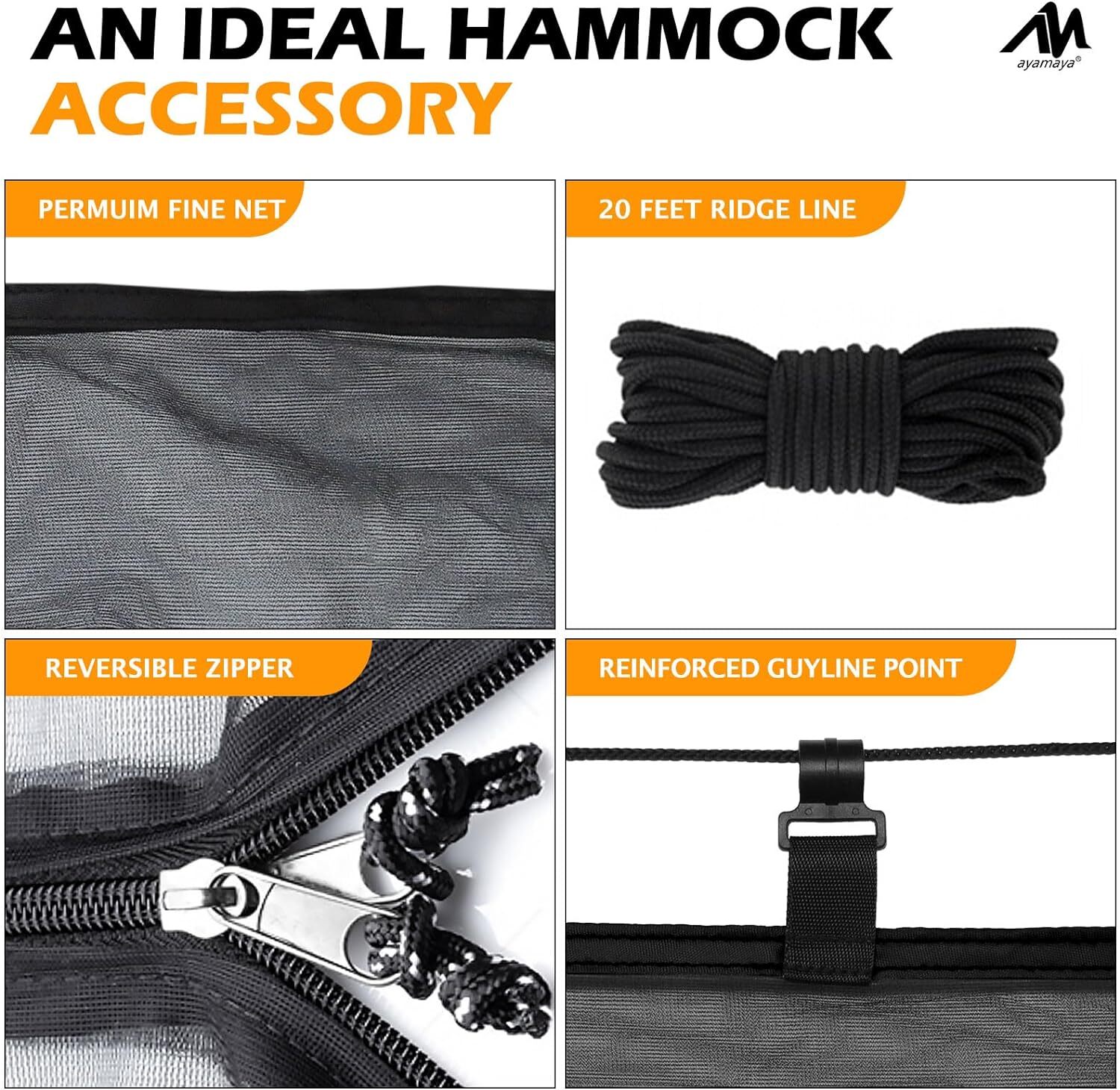 AYAMAYA Hammock Bug Net 11.5x5 ft, Ultralight Backpacking Outdoor Protection Guardian Camping Hammock, Wide Room No-See-Um Breathable Mesh Netting Equip with Hanging Bag & Lantern Hook