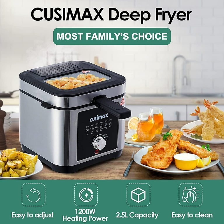 Deep Fryer Cusimax Electric Deep Fryer with Basket and Drip Hook, 2.6qt Oil Capacity Fish Fryer with Temperature Control, Removable Lid with View