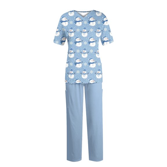 Wutalume Women's Holiday Print V-Neck Short Sleeve Scrub Set, Festive Top with Pockets and Work Pants, Medical Uniform Outfit,Blue L