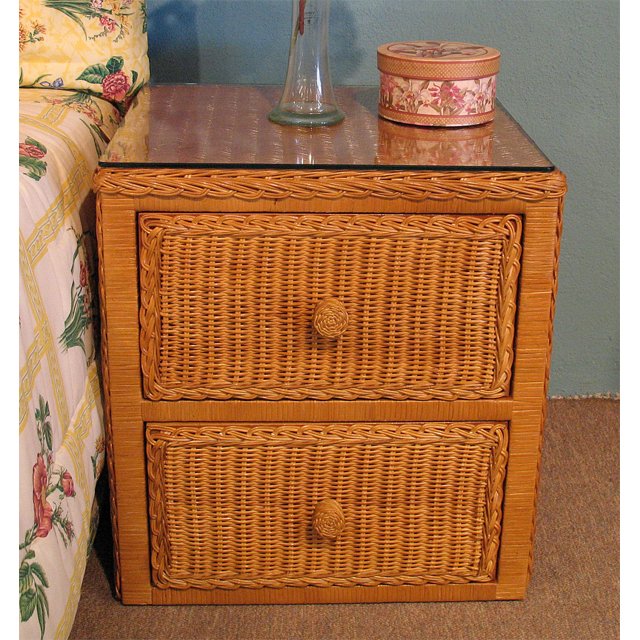 Wicker Night Table 2 Drawers Traditional Style with Glass Top, Caramel
