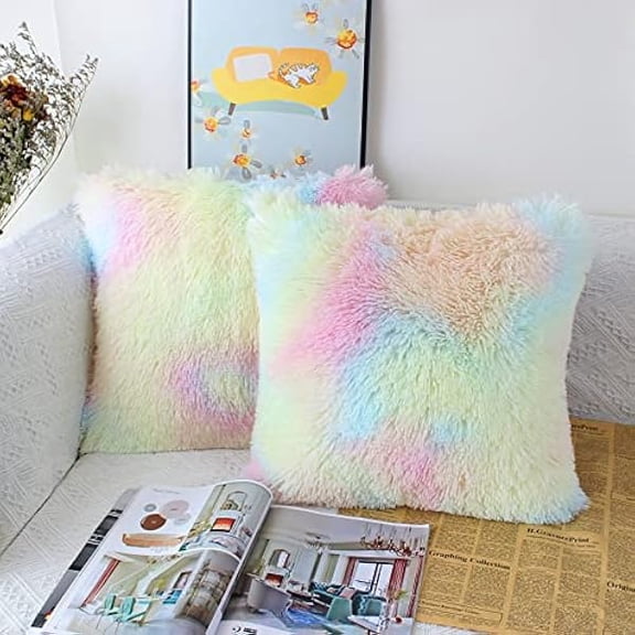 Eryueer Set of 2 50 x 50cm Faux Fur Fluffy Cushion Covers Soft Throw Pillow Case 20x20 Rainbow Decorative Square Plush Pillowcase for Livingroom Sofa Bedroom