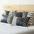 thumbnail image 4 of Boho Set of 2 Handcrafted Decorative Throw Pillow Cover Vegan Faux Leather Geometric 17" x 17" Navy Blue & Ivory Square for Couch, Bedding, 4 of 4
