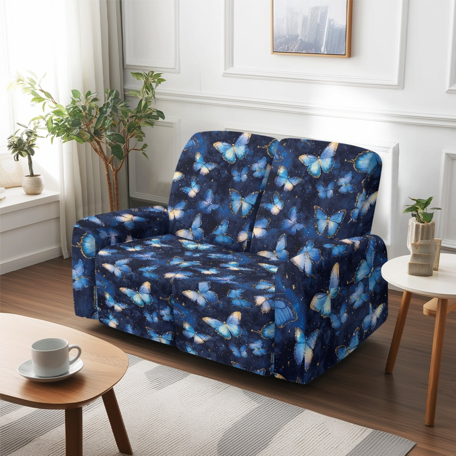 Xoenoiee Blue Butterfly Print 6 Pieces Recliner Loveseat Covers Stretch Recliner Sofa Slipcover with Elastic Bottom Jacquard Fitted Reclining Couch Cover Furniture Protector with Pockets