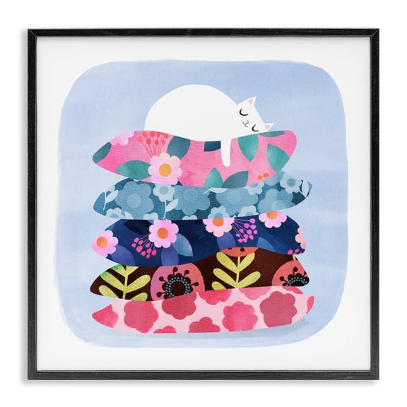 Stupell Industries Sleepy Cat on Patterned Pillows Black Framed Giclee Art design by Angie Rozelaar, 12 x 12