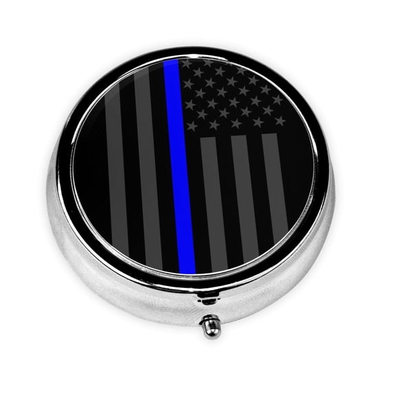 Group Of Thin Blue Line Flag Pill Case Pill Box Round 3 Compartment Small Pill Organizer For Purse Or Pocket Small Roud Pill Box