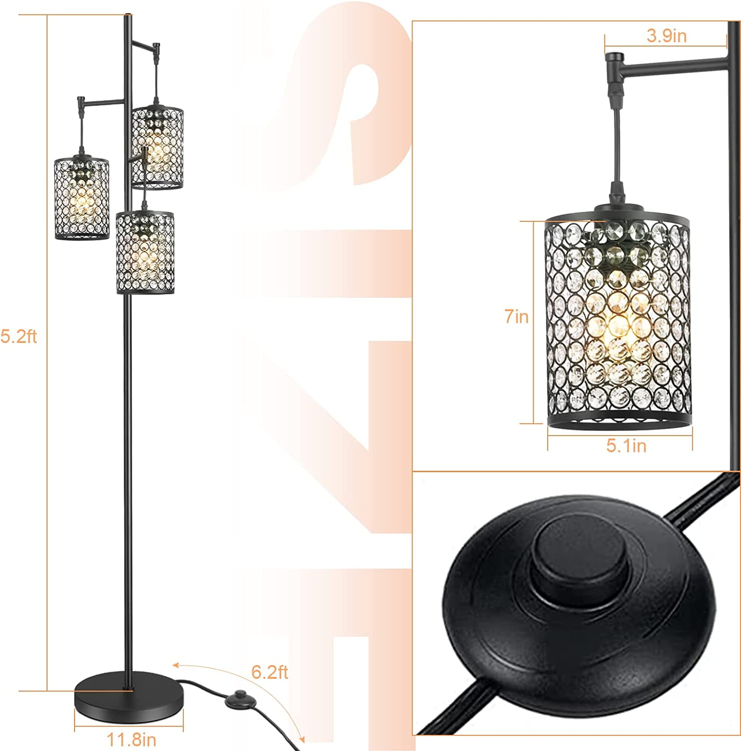 EE Eleven Master 3-Light Modern Black Tree Floor Lamp with Crystal Birdcage Shades
