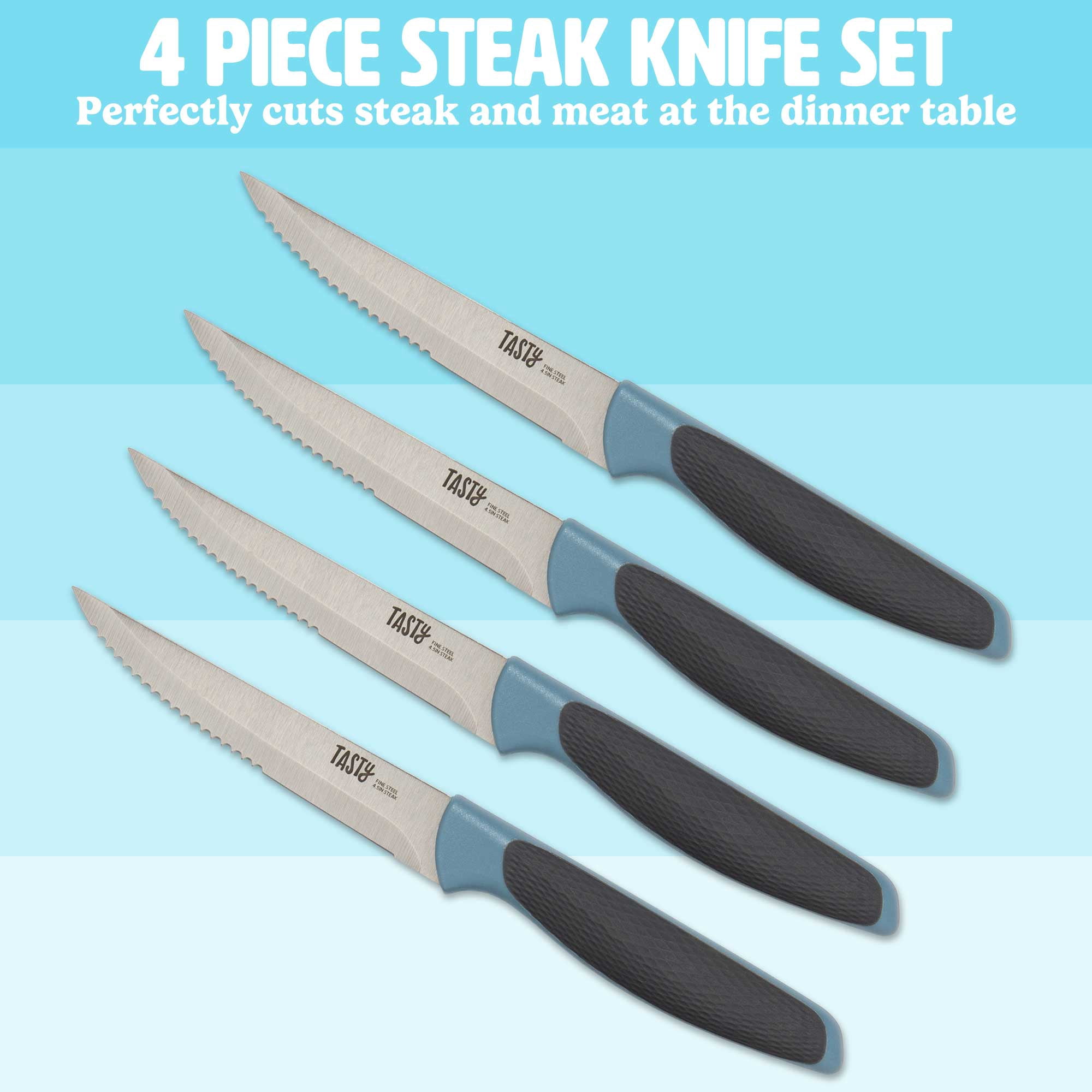 Tasty 4 Piece Stainless Steel Steak Knife Set, Serrated Edge, Blue