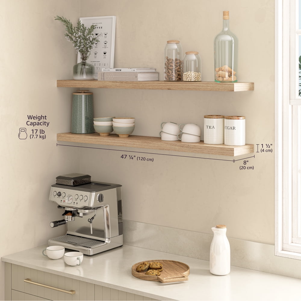 Ballucci 48" Floating Shelves, 2-Pack Wood Wall Shelf Set with Invisible Brackets, 8" Deep, Oak Finish