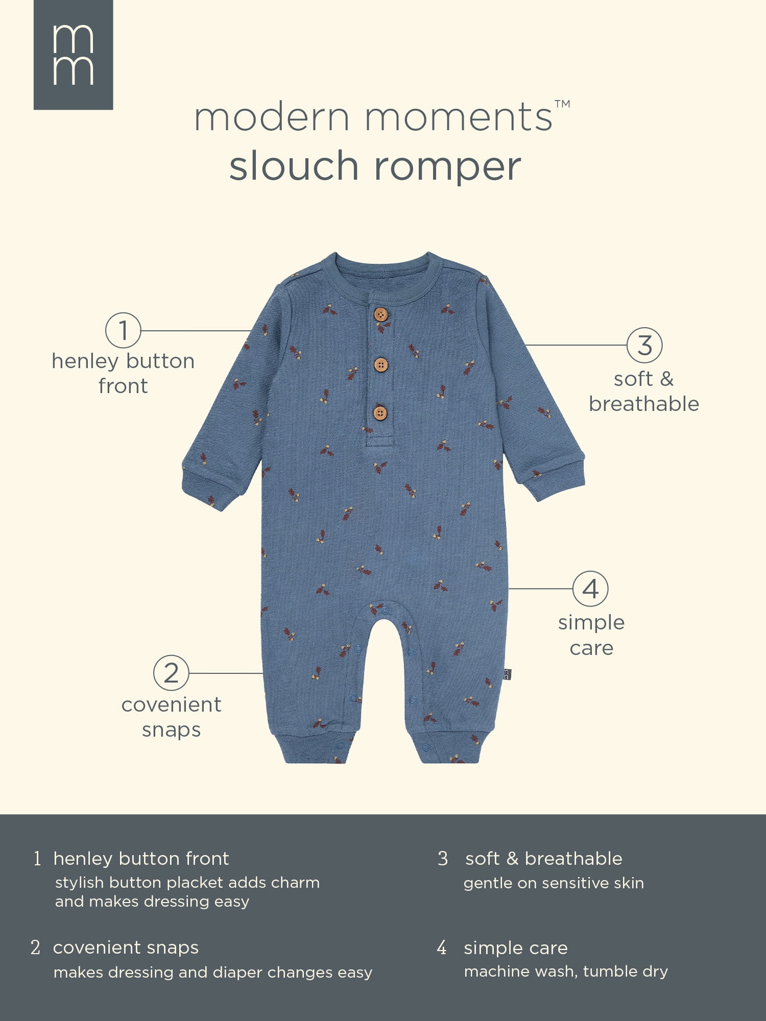 Modern Moments By Gerber Baby Girl Long Sleeve Slouch Romper, Sizes 0/3 Months - 24 Months