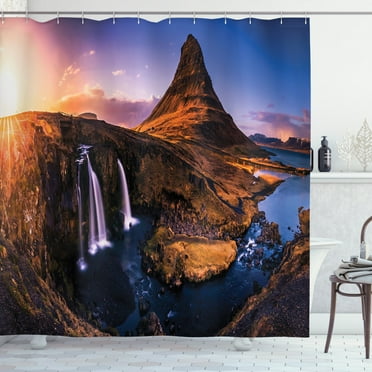 Iceland Shower Curtain, Kirkufjell Mountain in Snaefellsjoekull National Park European Heritage Icelandic, Fabric Bathroom Set with Hooks, 69W X 84L Inches Extra Long, Multicolor, by Ambesonne