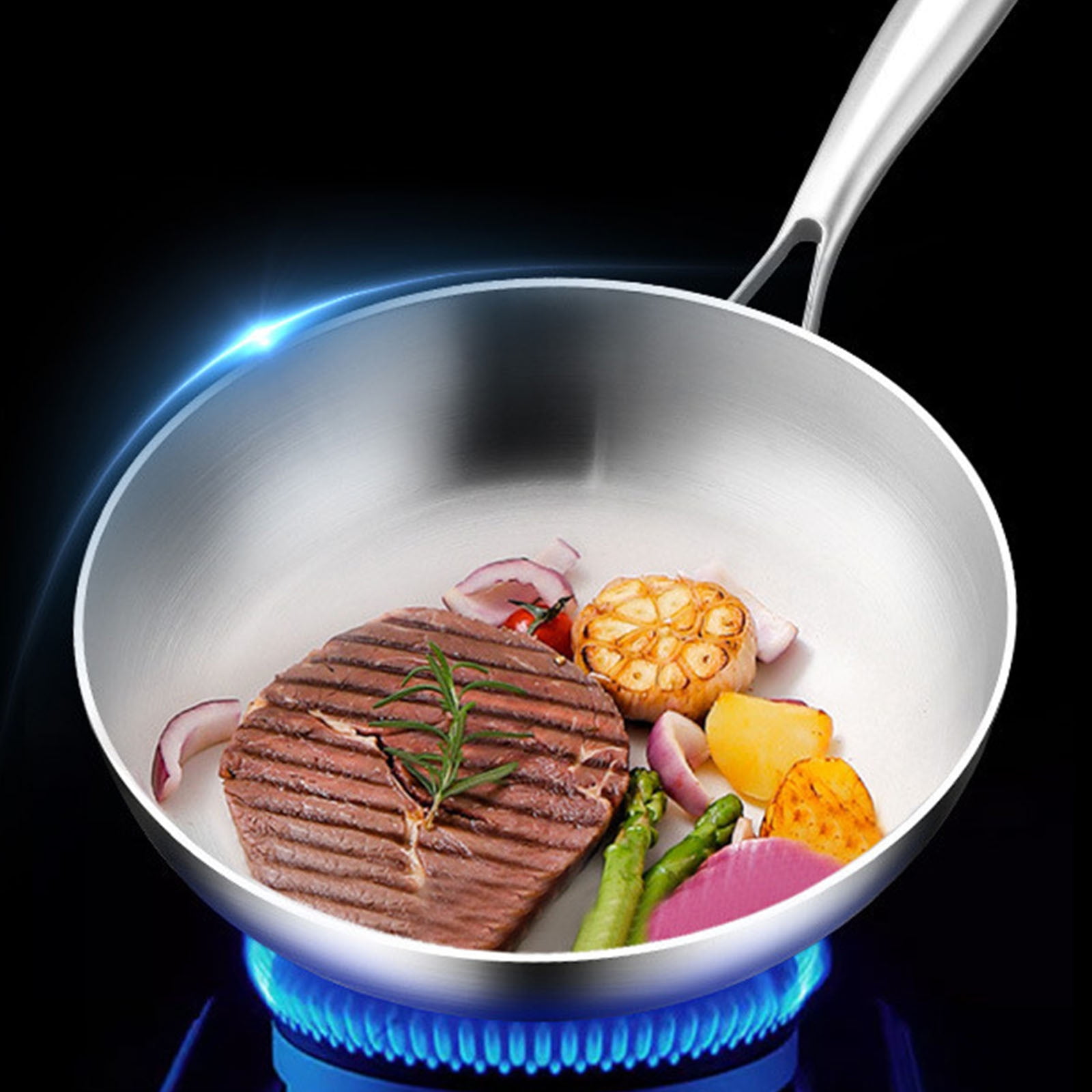 304 Stainless Steel Frying Pan, Three-Layer Flat-Bottomed Cookware for Even Heat Distribution, Non-Stick Uncoated Design, Kitchen Gift Pot