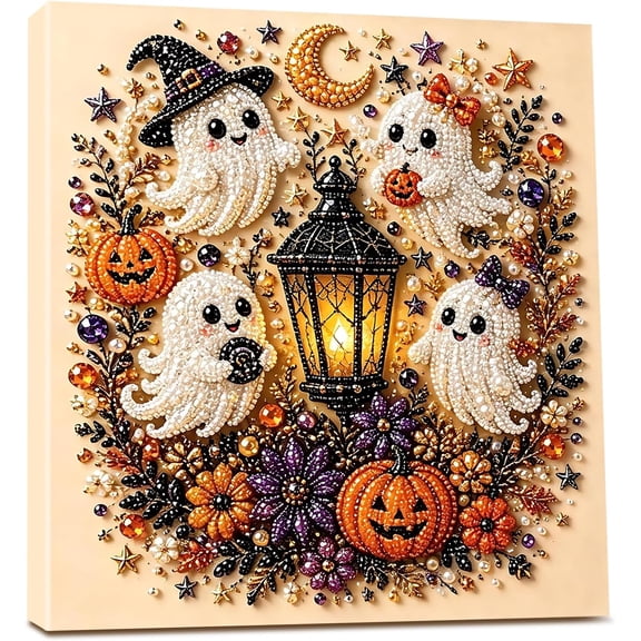 Halloween Ghost Pearl Art DIY Kit,Cute 3D Pearl Mosaic Craft Set for Adults & Beginners,Spooky Ghost Pumpkin Canvas Art for Fall Home Decor,Wall Art for Gift