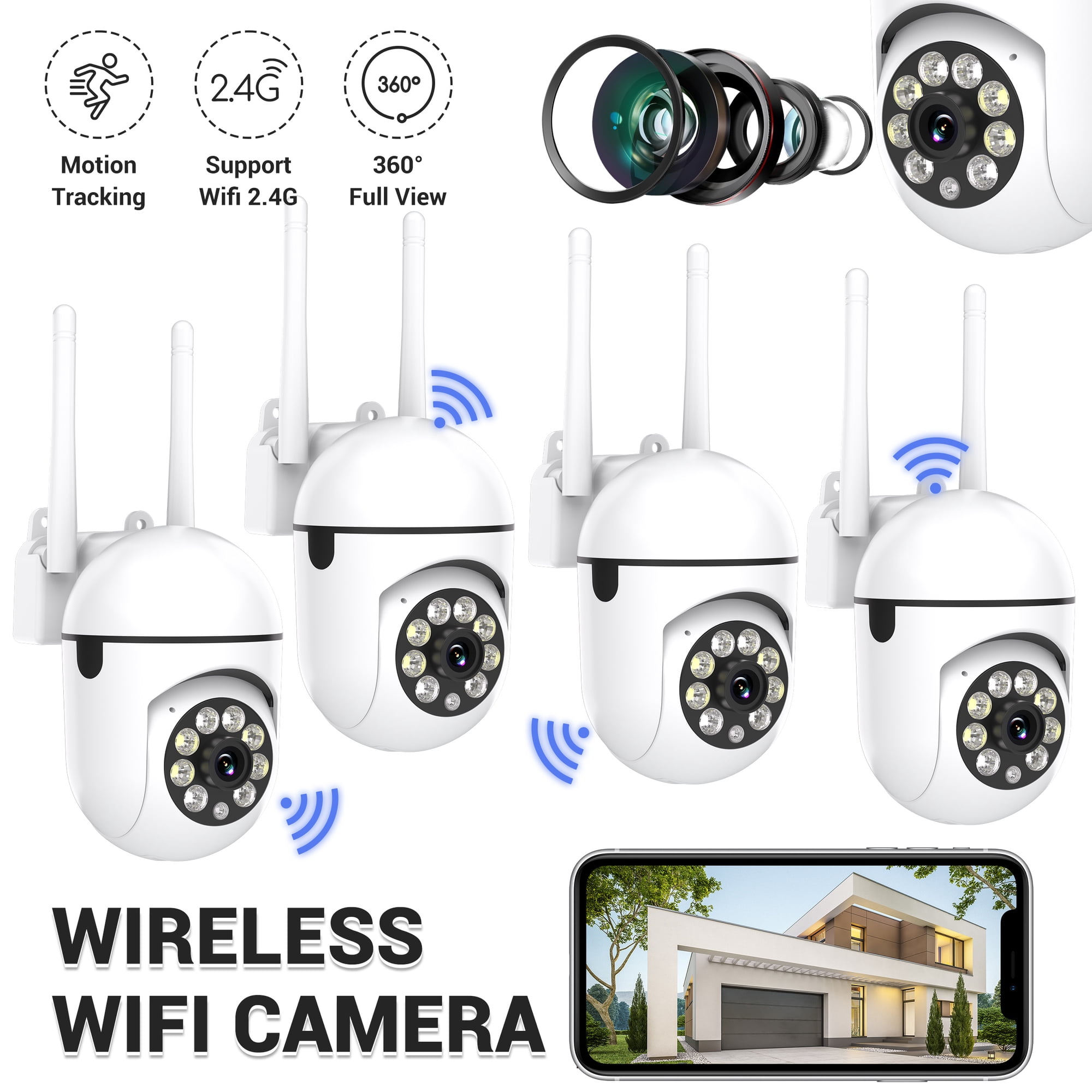 1080P Security Camera Outdoor 360° View Pan/Tilt Camera for Home Security Outside with Color Night Vision, Motion Detection, 2-Way Talk, 2.4GHz Wi-Fi, 4 Pack